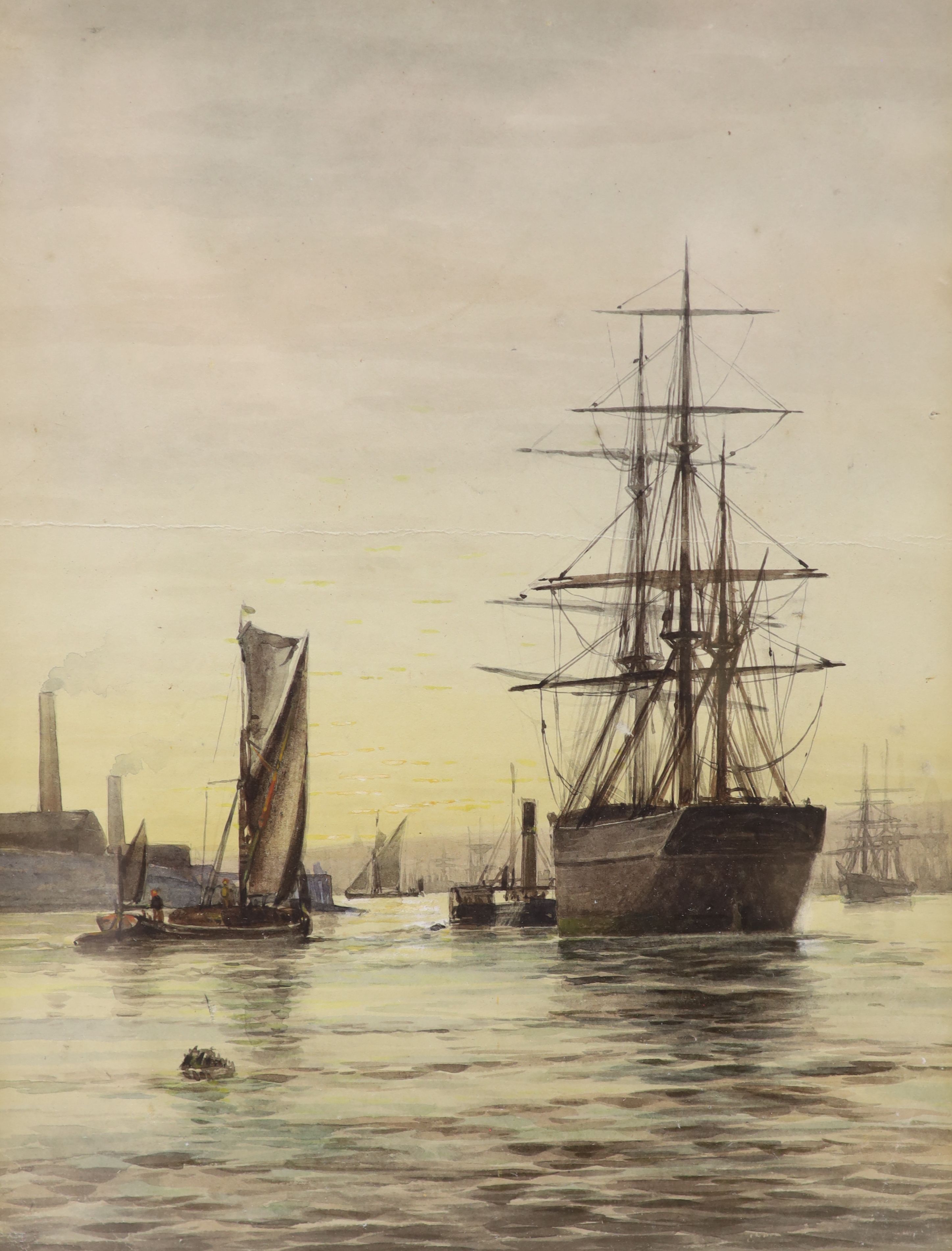 Attributed to Charles Dixon (1872-1934), watercolour, Shipping on the Thames, 32 x 23cm